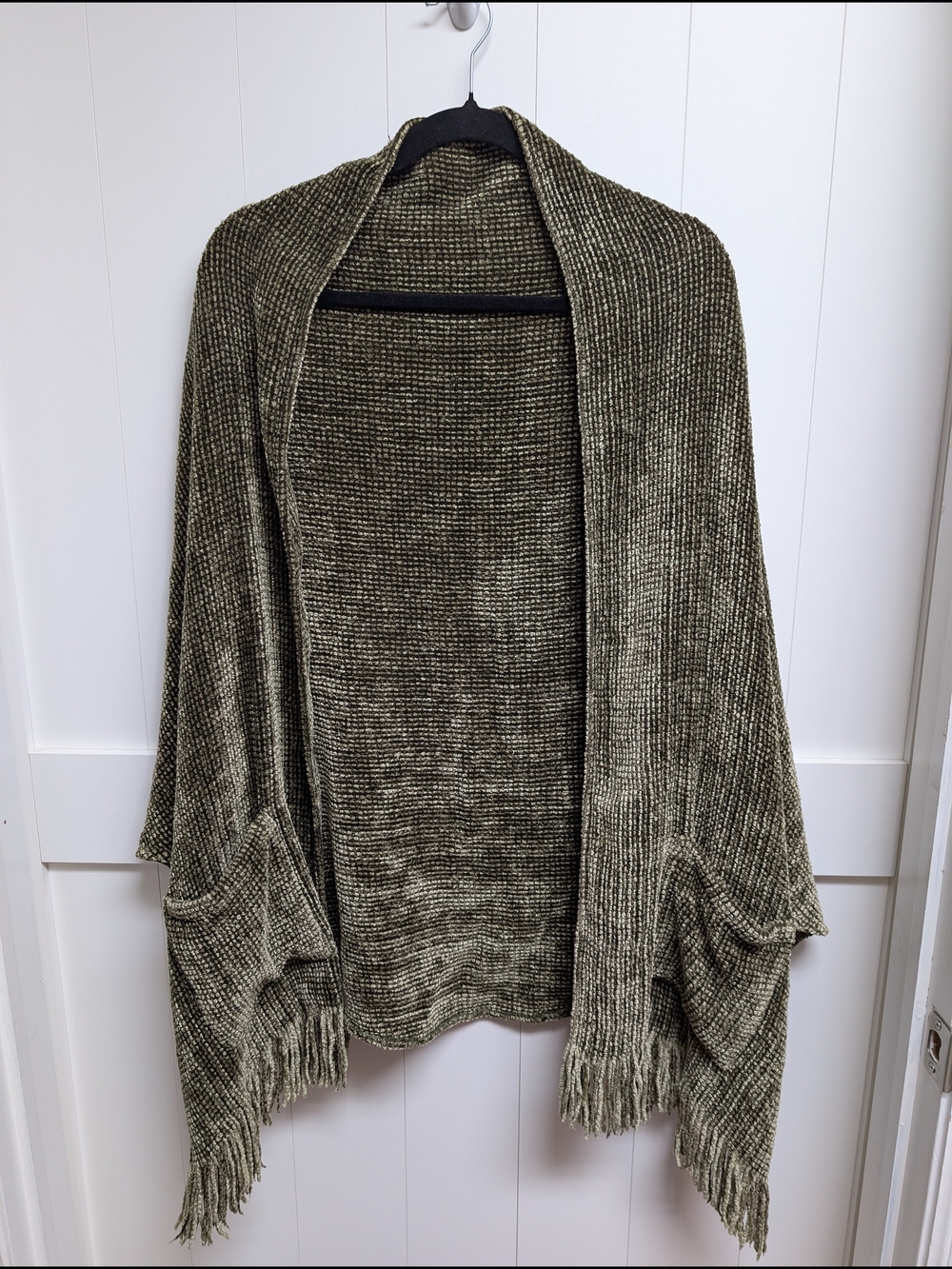 Vintage Churchill Handwoven Open Front Fringe Chenille Shaw Sweater - Olive